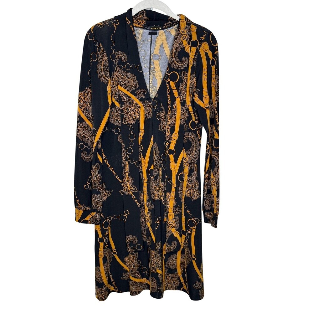 Eva Varro Dress S Black Chain Paisley V Neck Jersey Shift Long Sleeve Equestrian